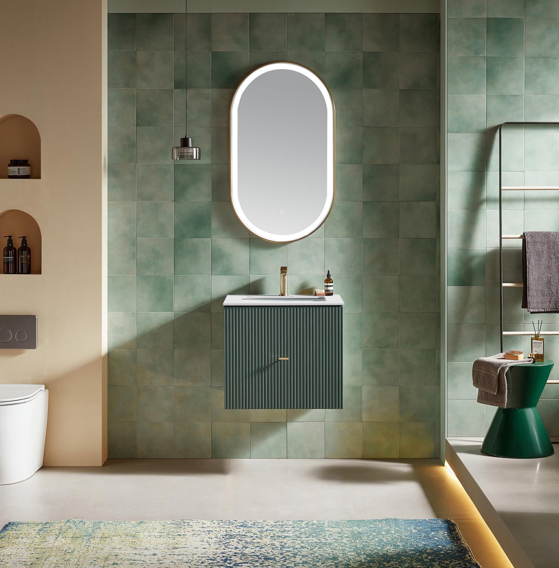 Barcelona 24 inch wall mounted vanity in Forest Green with white sintered stone top