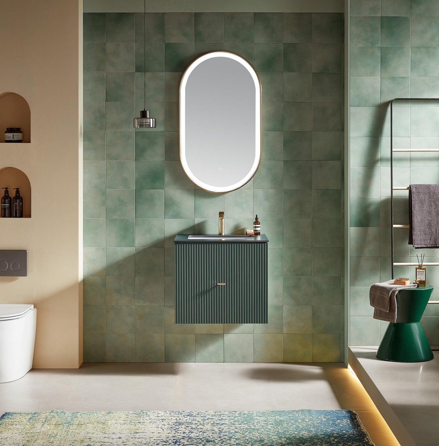 Barcelona 24 inch wall mounted vanity in Forest Green with black sintered stone top