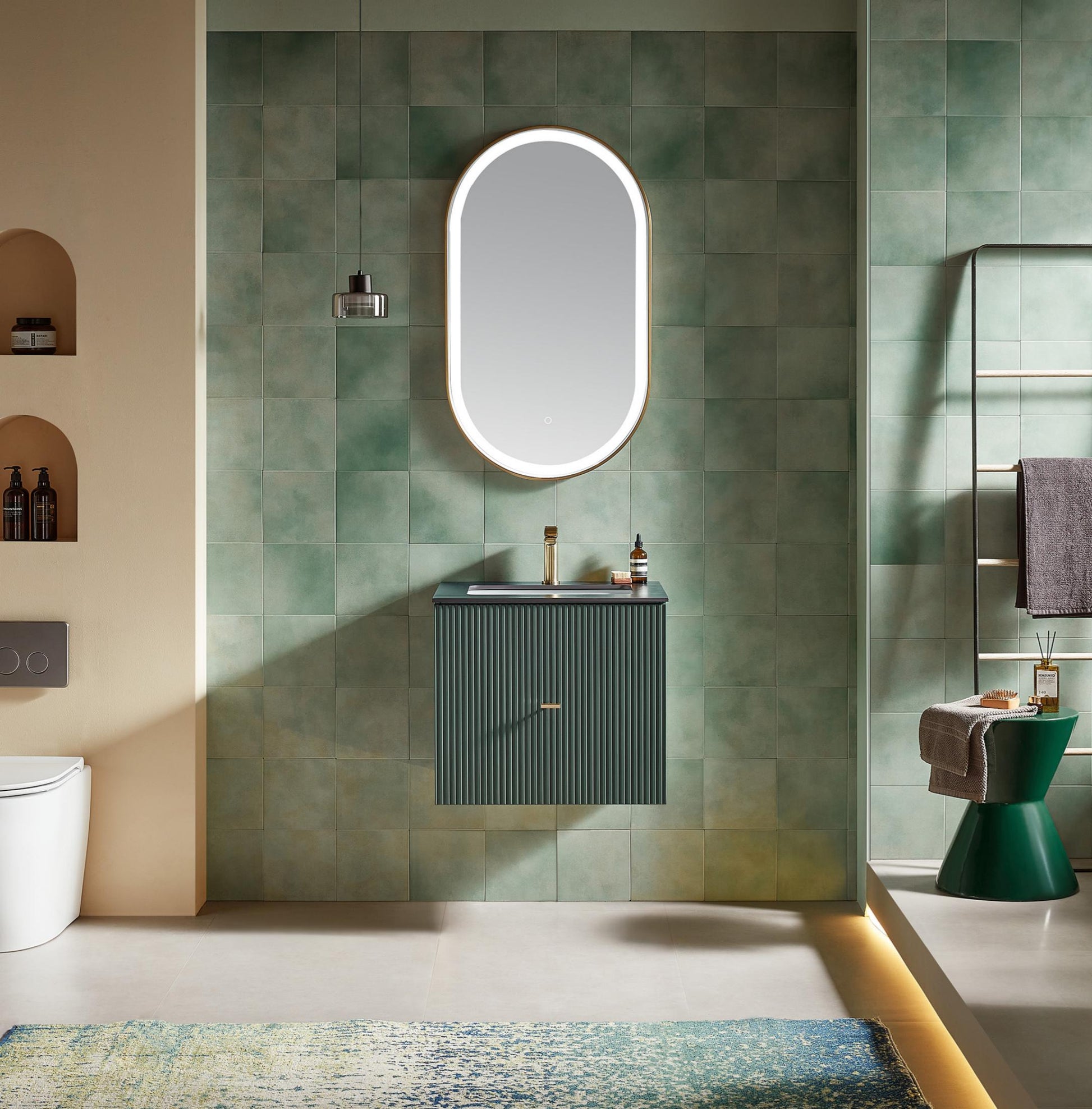 Barcelona 24 inch wall mounted vanity in Forest Green with black sintered stone top