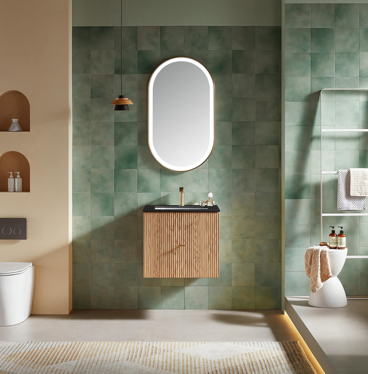 Barcelona 24 inch wall mounted vanity in Natural Oak with black sintered stone top