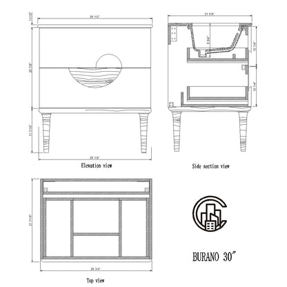 Burano 30" Freestanding Bathroom Vanity with Dark Grey Quartz Top and Ceramic Undermount Sink