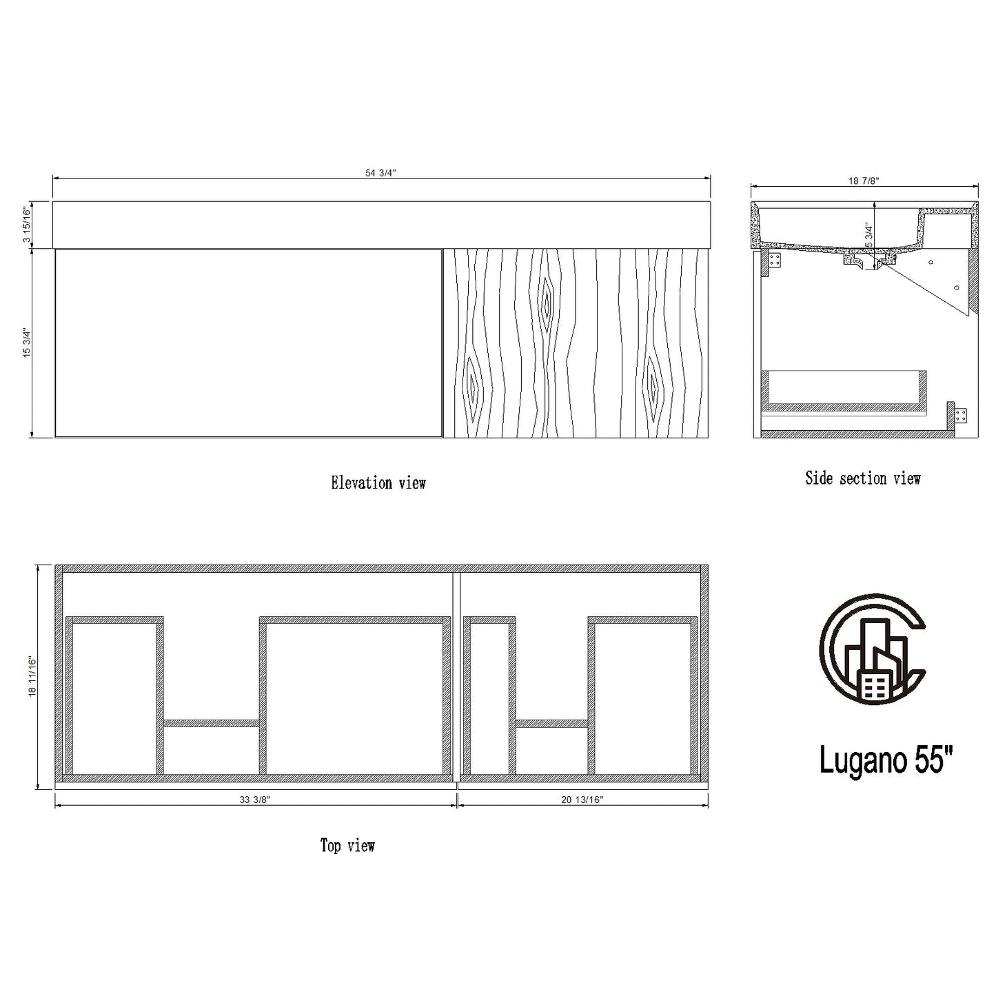 Lugano 55" Wall Mounted Bathroom Vanity with Reinforced Acrylic Integrated Sink Top