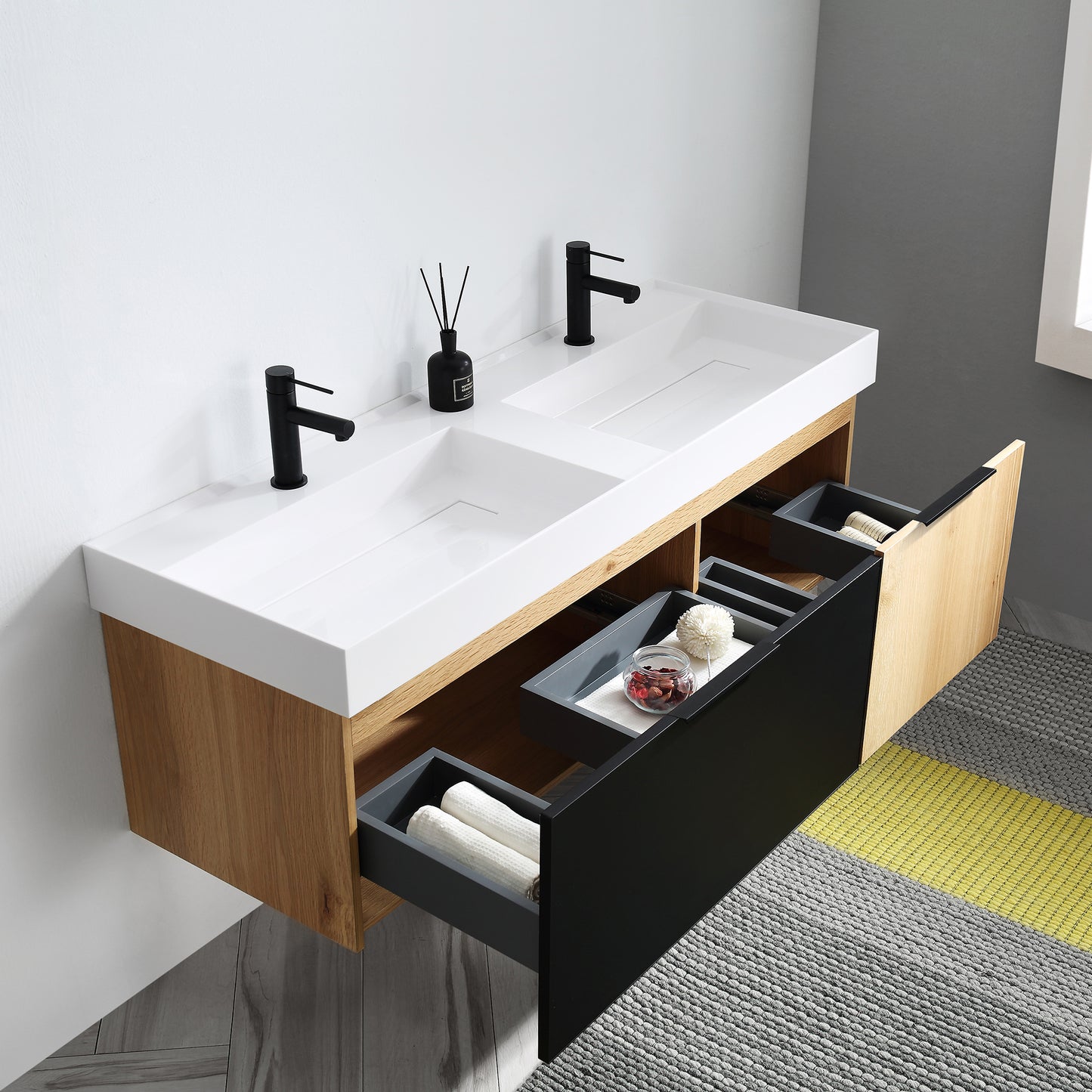 Lugano 55" Wall Mounted Bathroom Vanity with Reinforced Acrylic Integrated Sink Top
