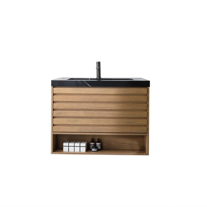 Matera 36 inch Pecan Oak wall mounted bathroom vanity with Black Marquina Quartz top