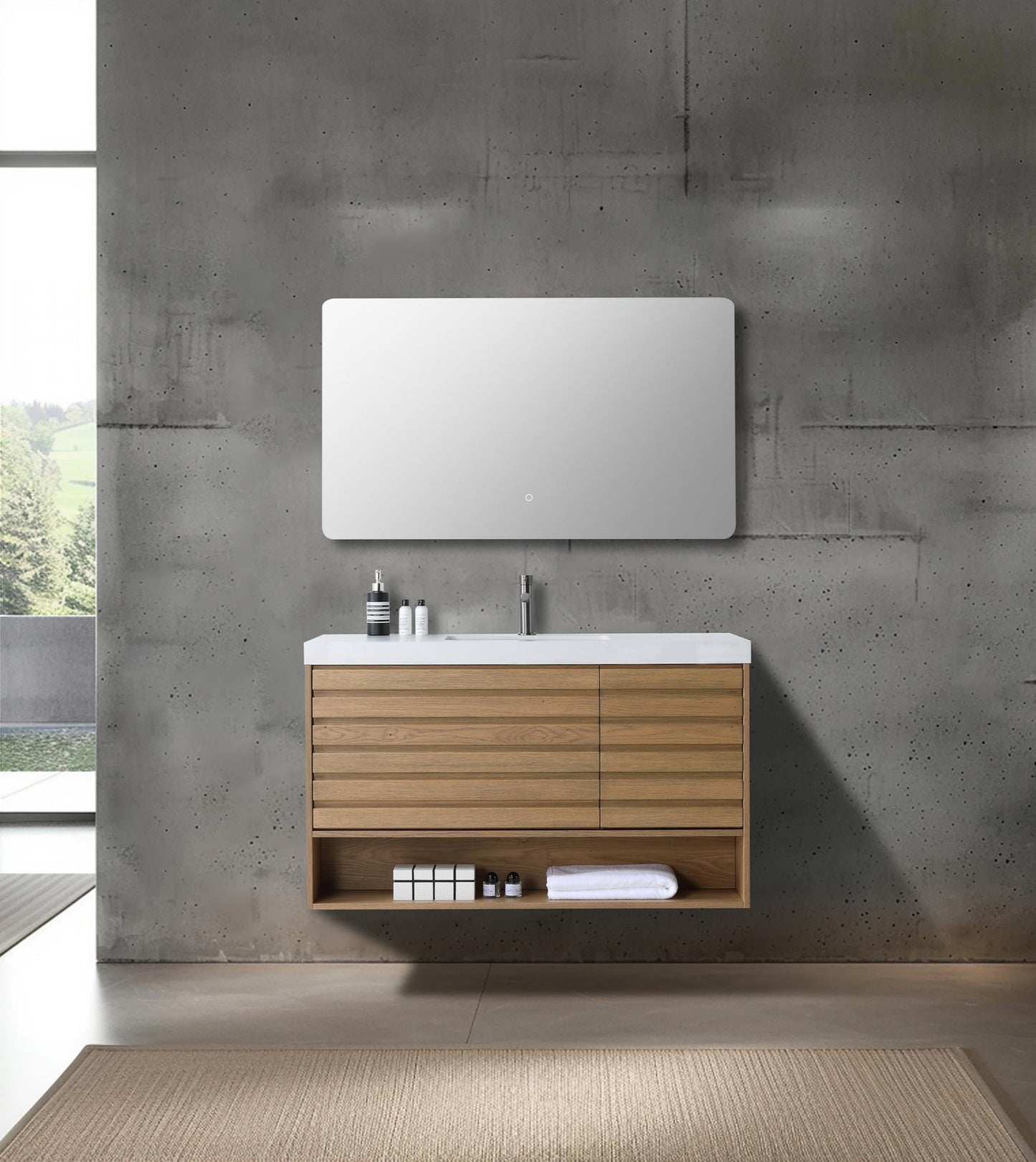 Matera 48 inch Pecan Oak wall mounted bathroom vanity, Base Only cabinet