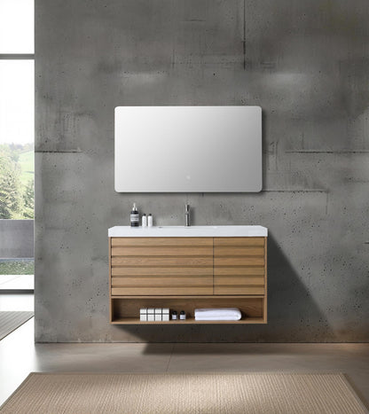 Matera 48 inch Pecan Oak wall mounted bathroom vanity with Pure White Quartz top