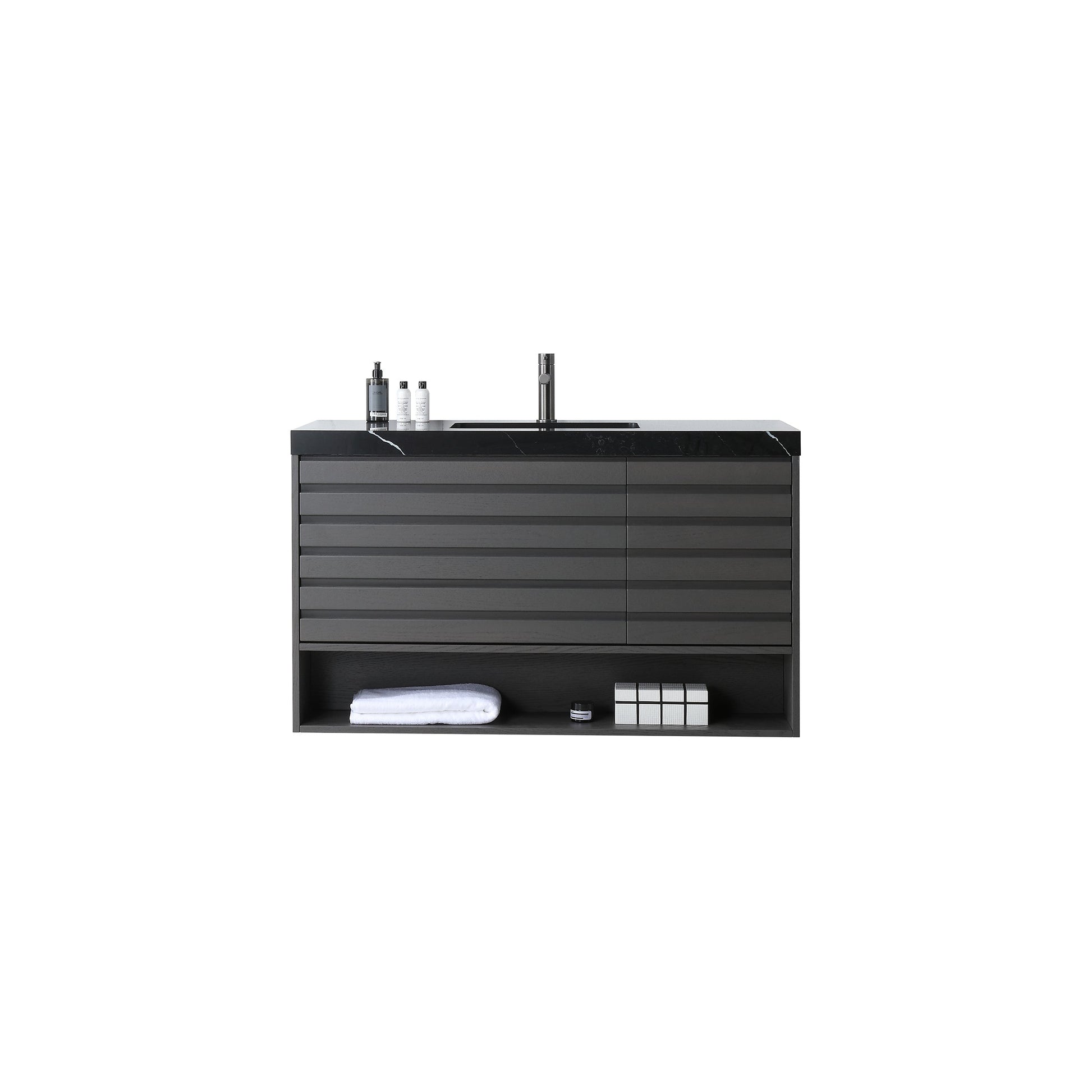 Matera 48 inch Charcoal wall mounted bathroom vanity with Black Marquina Quartz top