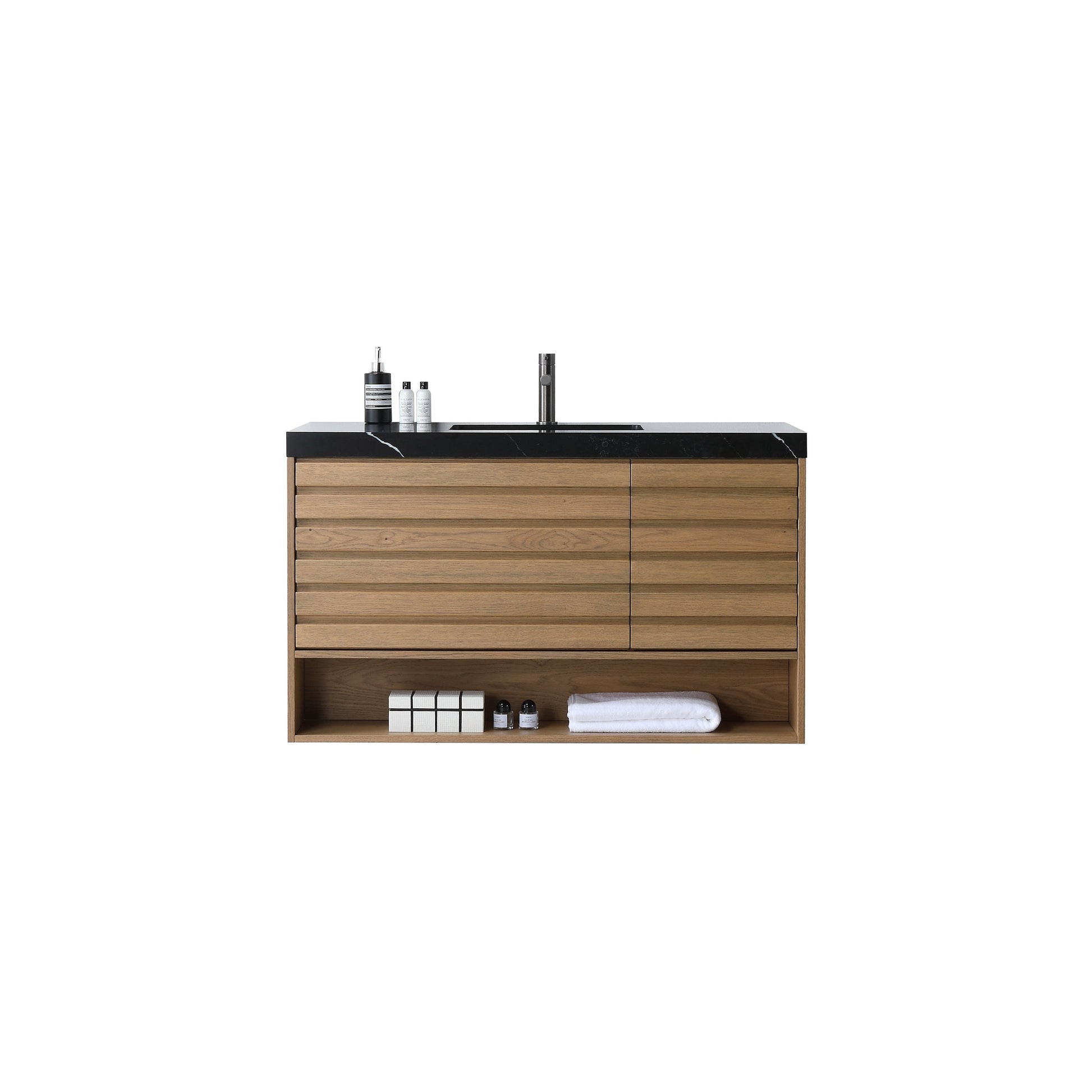 Matera 48 inch Pecan Oak wall mounted bathroom vanity with Black Marquina Quartz top