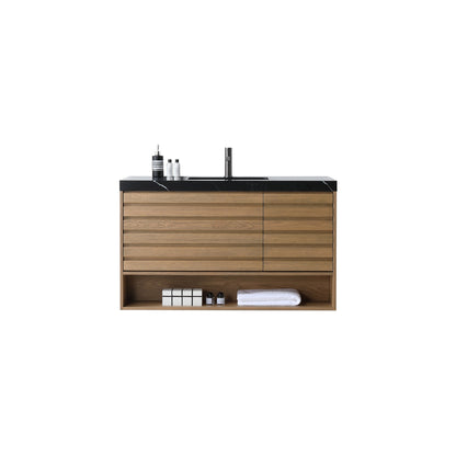 Matera 48 inch Pecan Oak wall mounted bathroom vanity with Black Marquina Quartz top