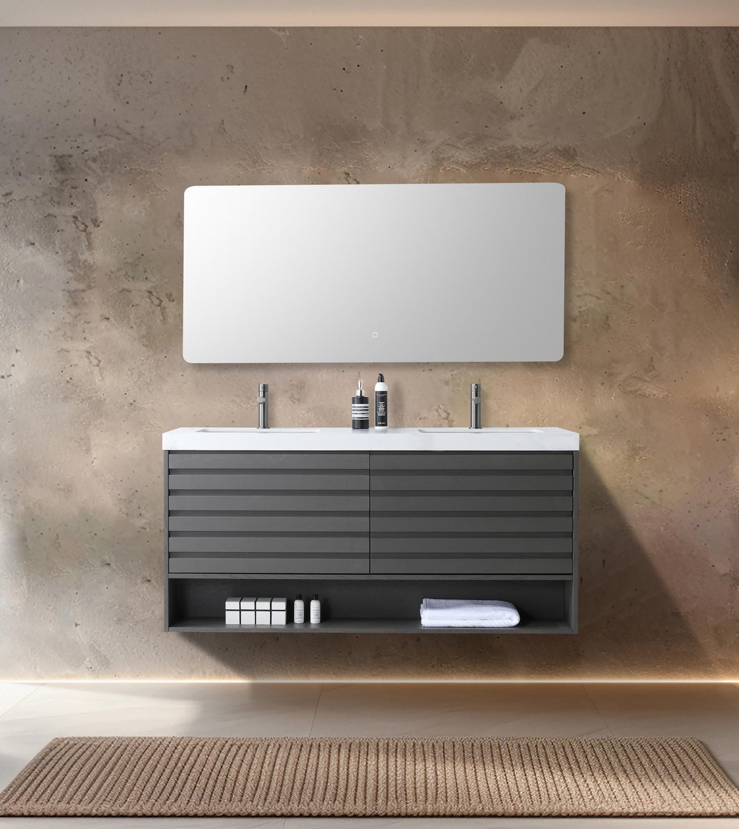 Matera 60 inch Double Charcoal wall mounted bathroom vanity with Pure White Quartz top