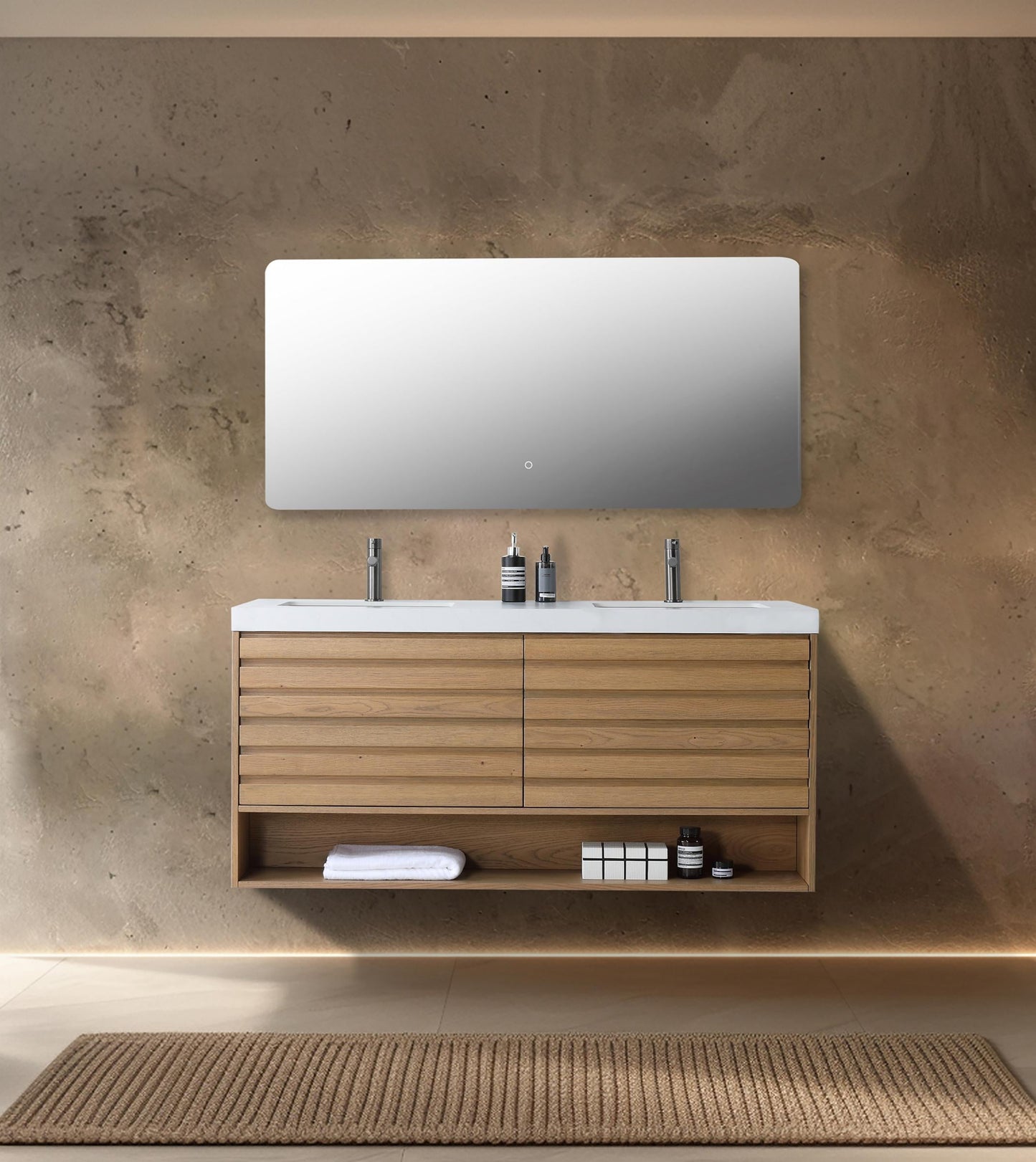 Matera 60 inch Double Pecan Oak wall mounted bathroom vanity with Pure White Quartz top