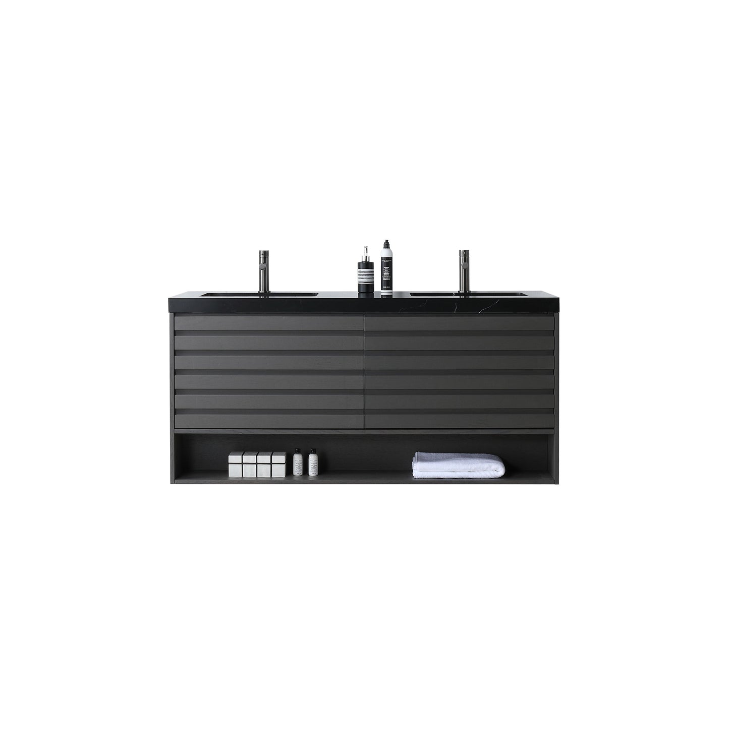 Matera 60 inch Double Charcoal wall mounted bathroom vanity with Black Marquina Quartz top