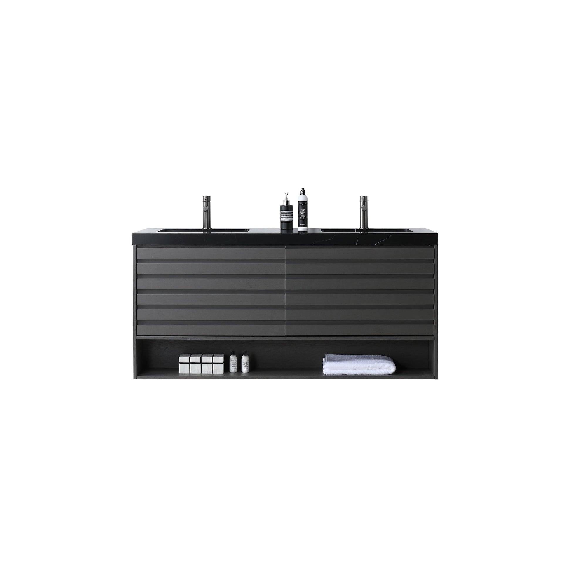 Matera 60 inch Double Charcoal wall mounted bathroom vanity with Black Marquina Quartz top