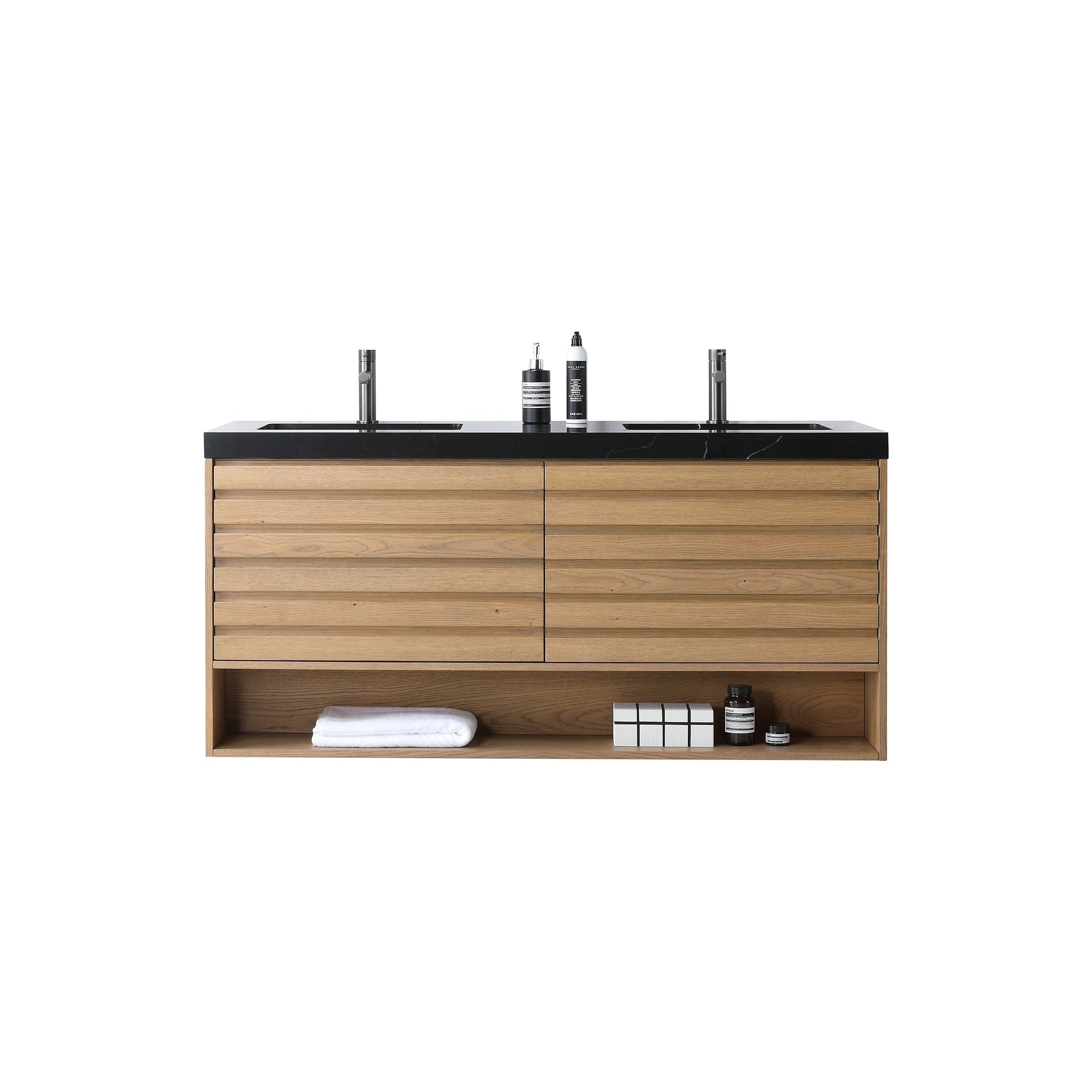 Matera 60 inch Double Pecan Oak wall mounted bathroom vanity with Black Marquina Quartz top