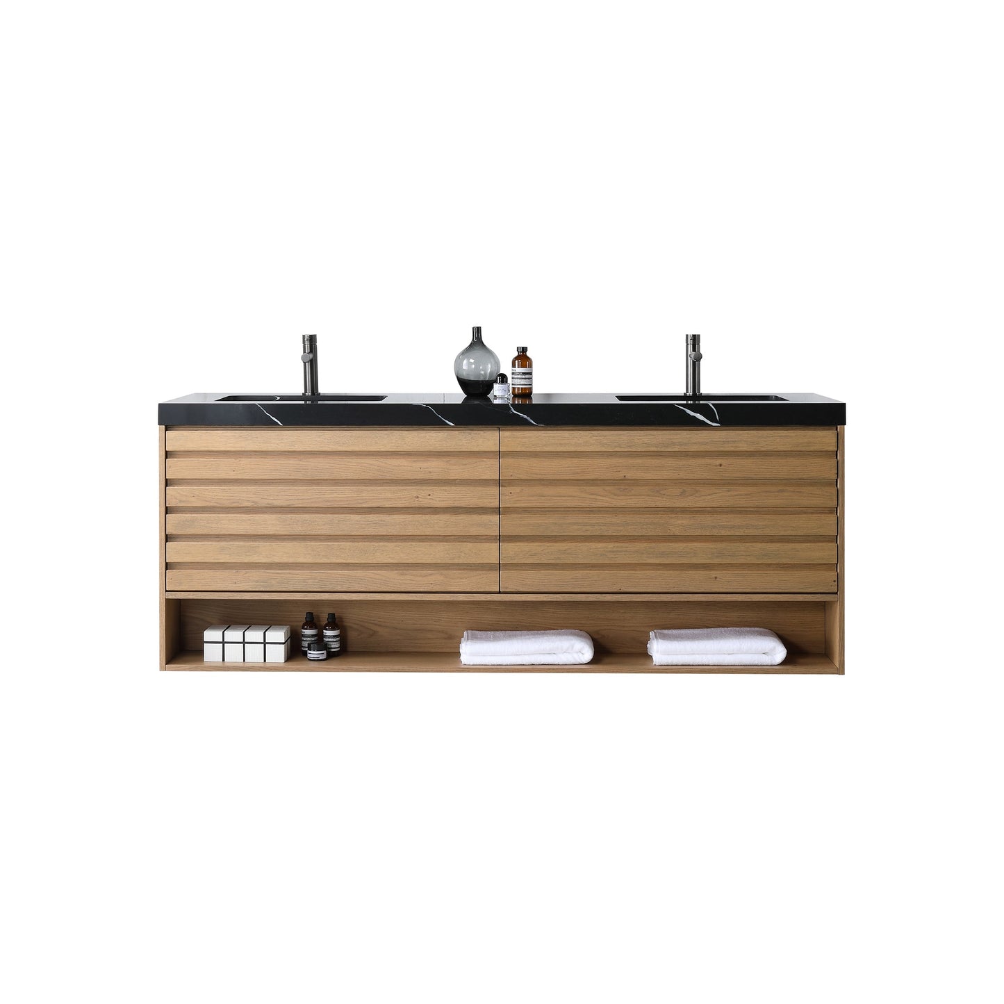 Matera 72 inch Double Pecan Oak wall mounted bathroom vanity with Black Marquina Quartz top