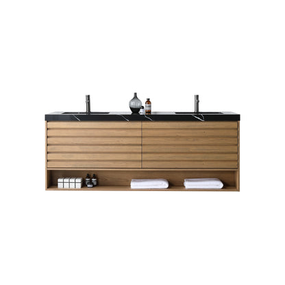 Matera 72 inch Double Pecan Oak wall mounted bathroom vanity with Black Marquina Quartz top