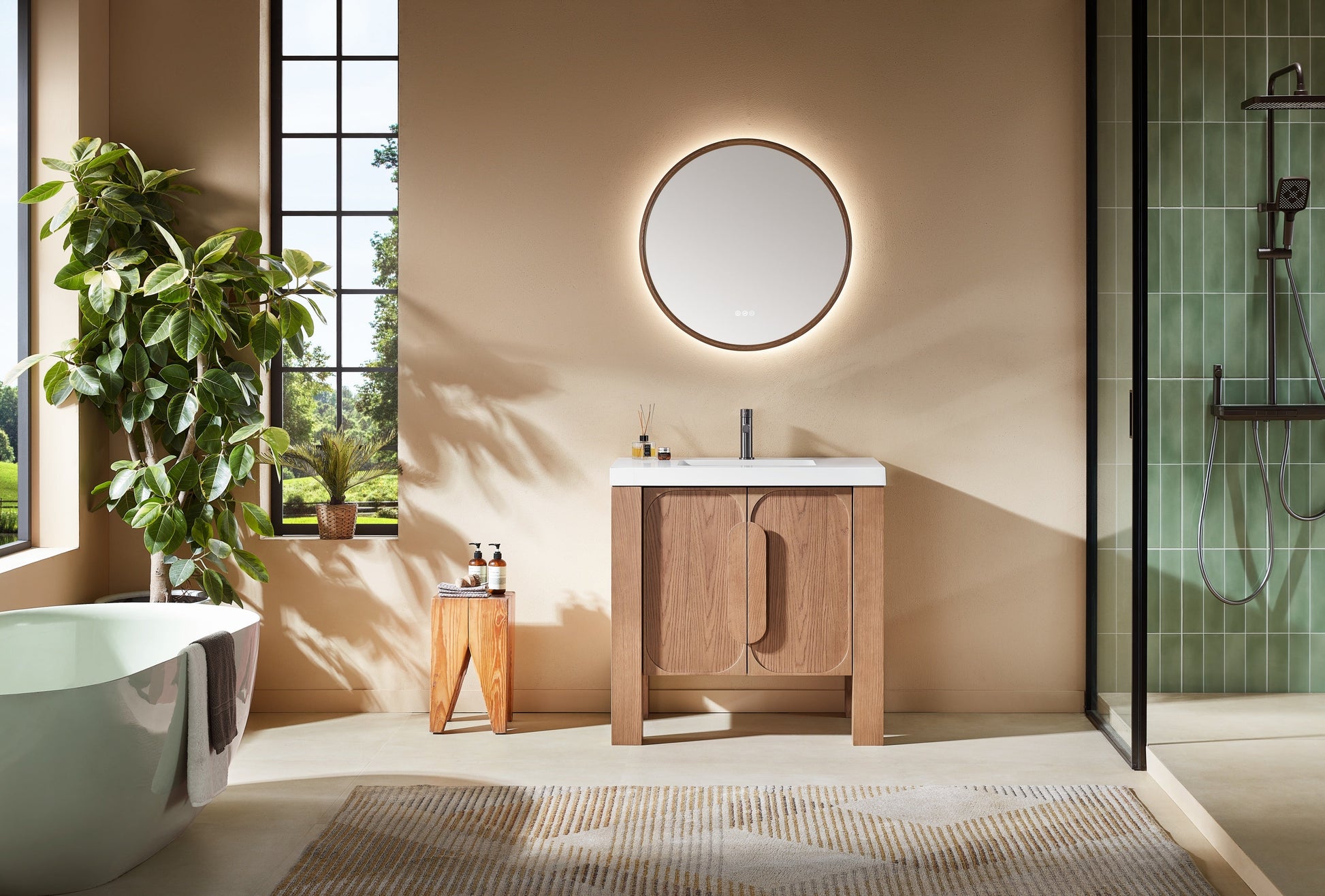 Munich 36 inch freestanding bathroom vanity in Natural Teak with quartz top
