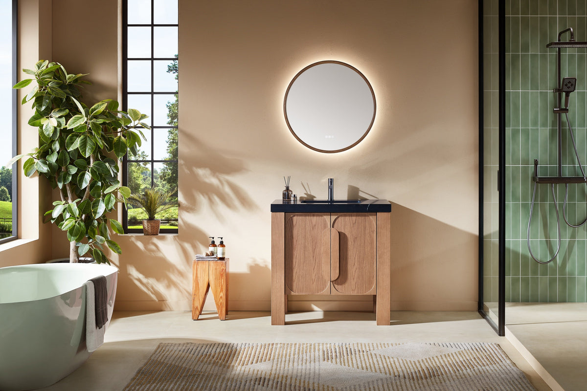Munich 36 inch freestanding bathroom vanity in Natural Teak with Black Marquina quartz top