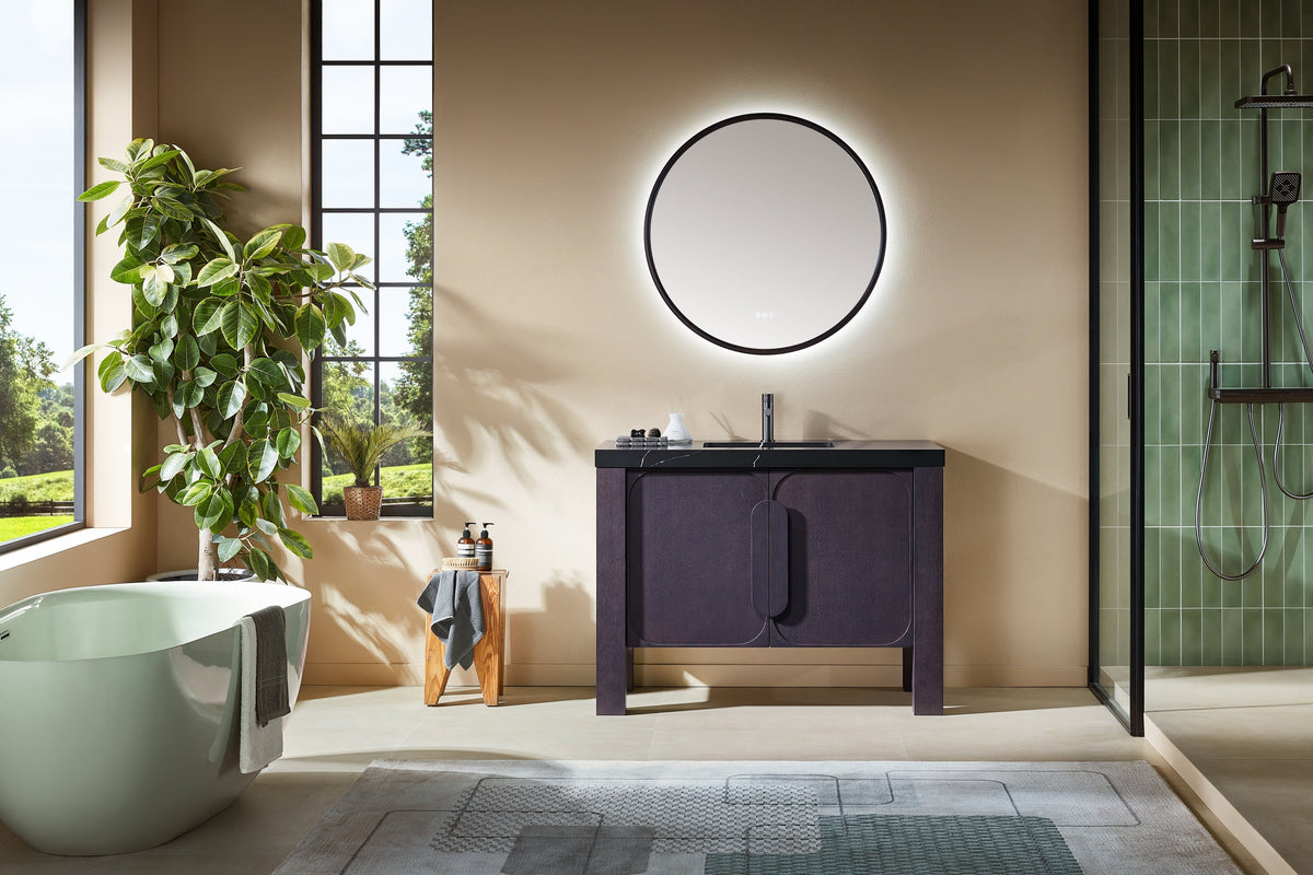 Munich 48 inch freestanding bathroom vanity in Espresso Oak with Black Marquina quartz top