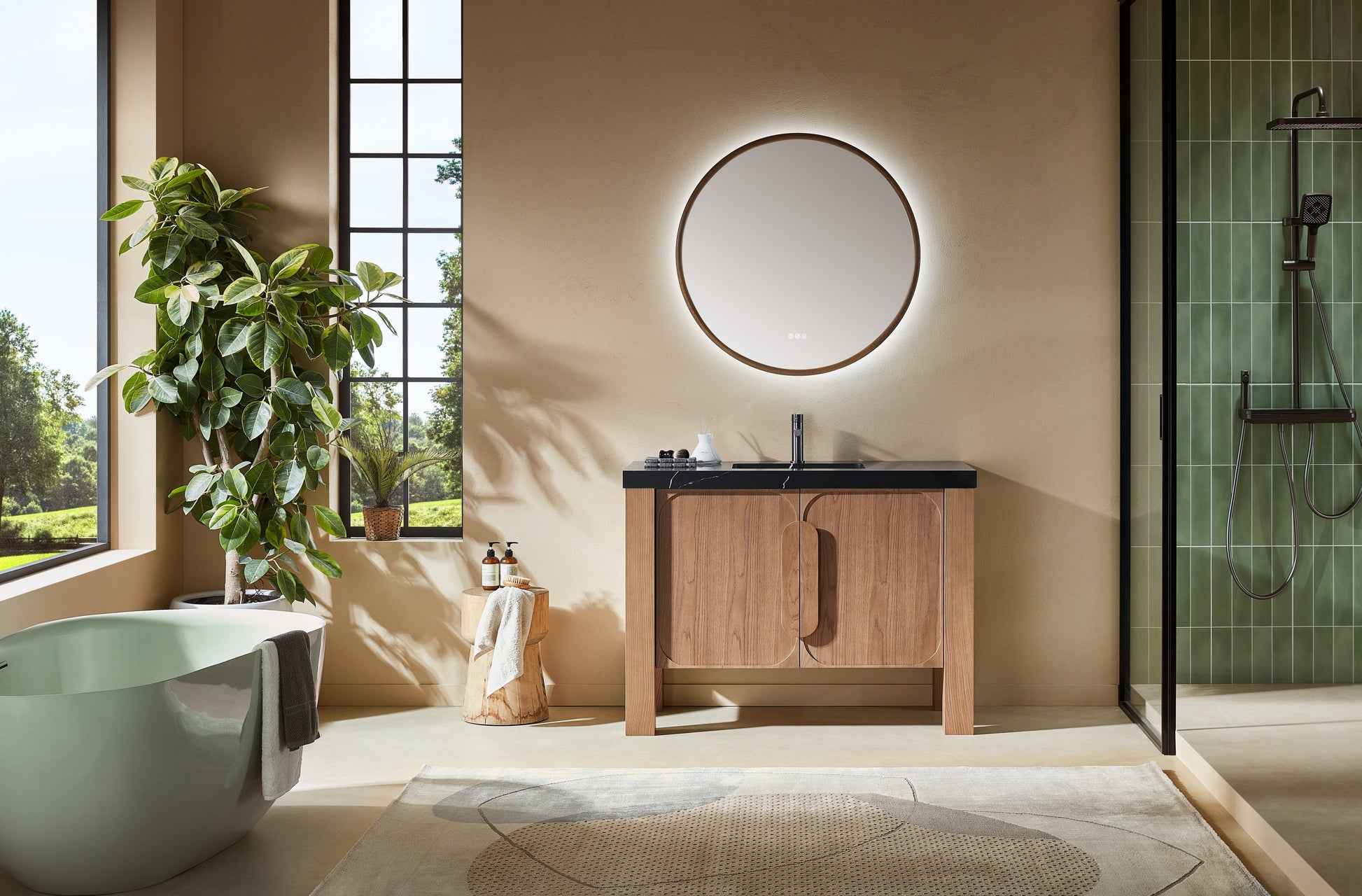 Munich 48 inch freestanding bathroom vanity in Natural Teak with Black Marquina quartz top