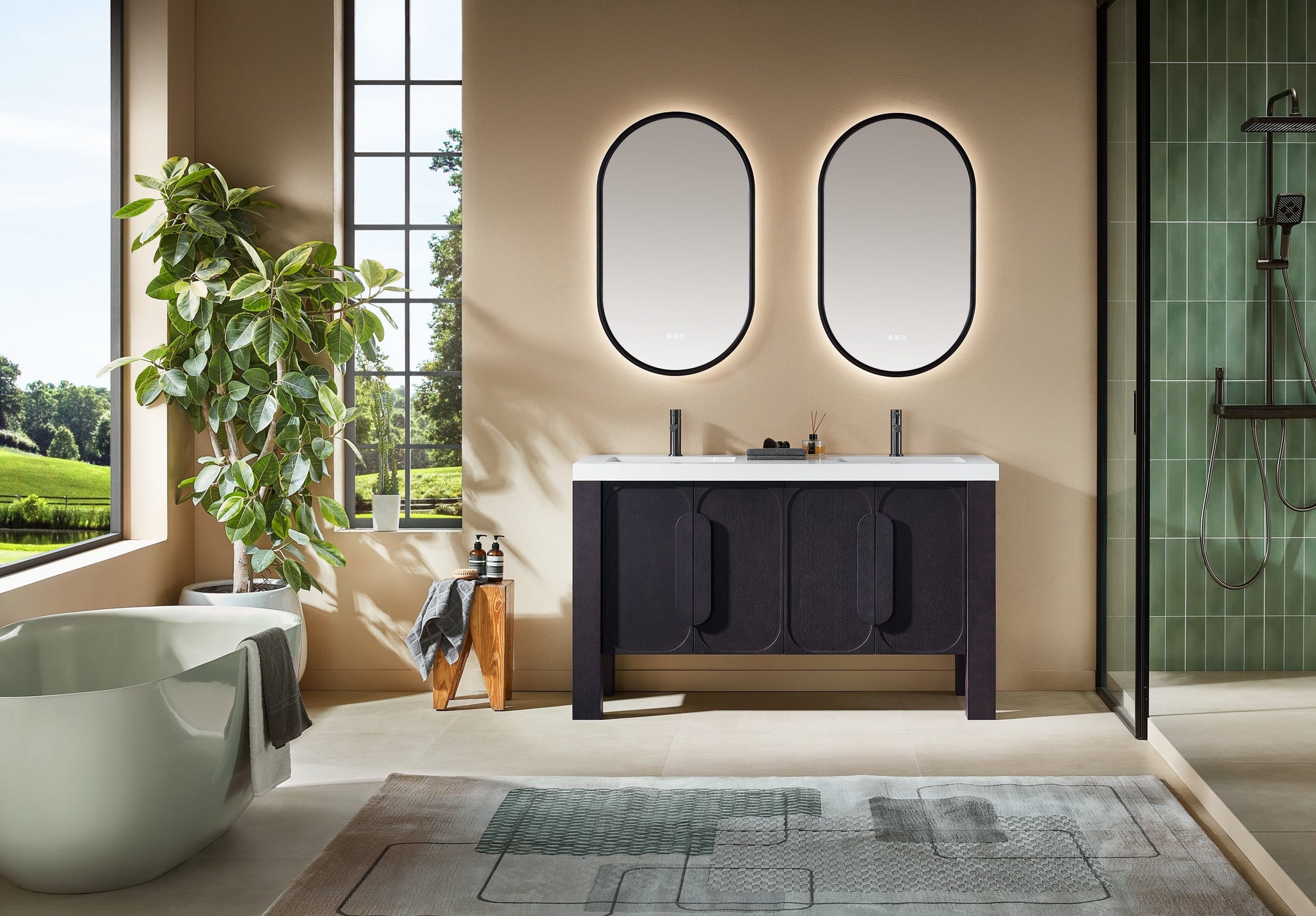 Munich 60 inch double freestanding bathroom vanity in Espresso Oak with quartz top