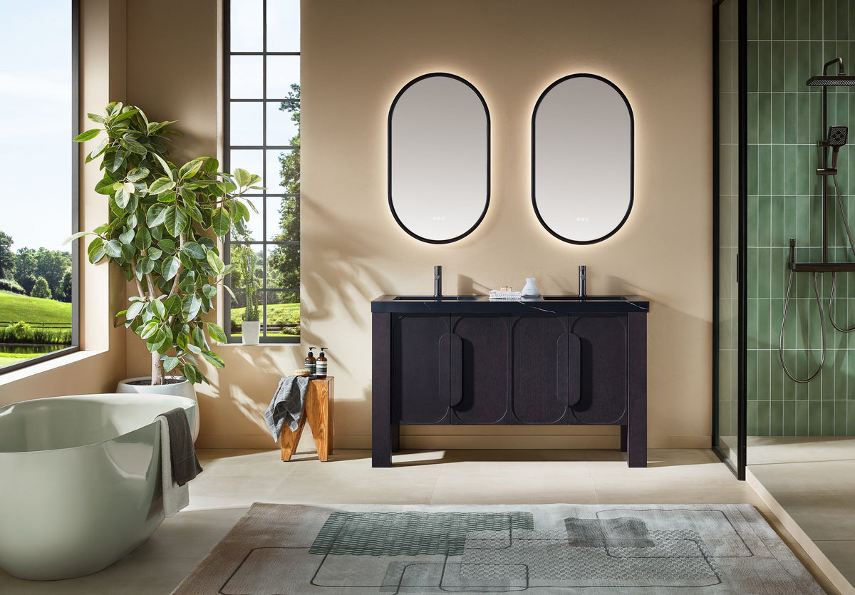 Munich 60 inch double freestanding bathroom vanity in Espresso Oak with Black Marquina quartz top