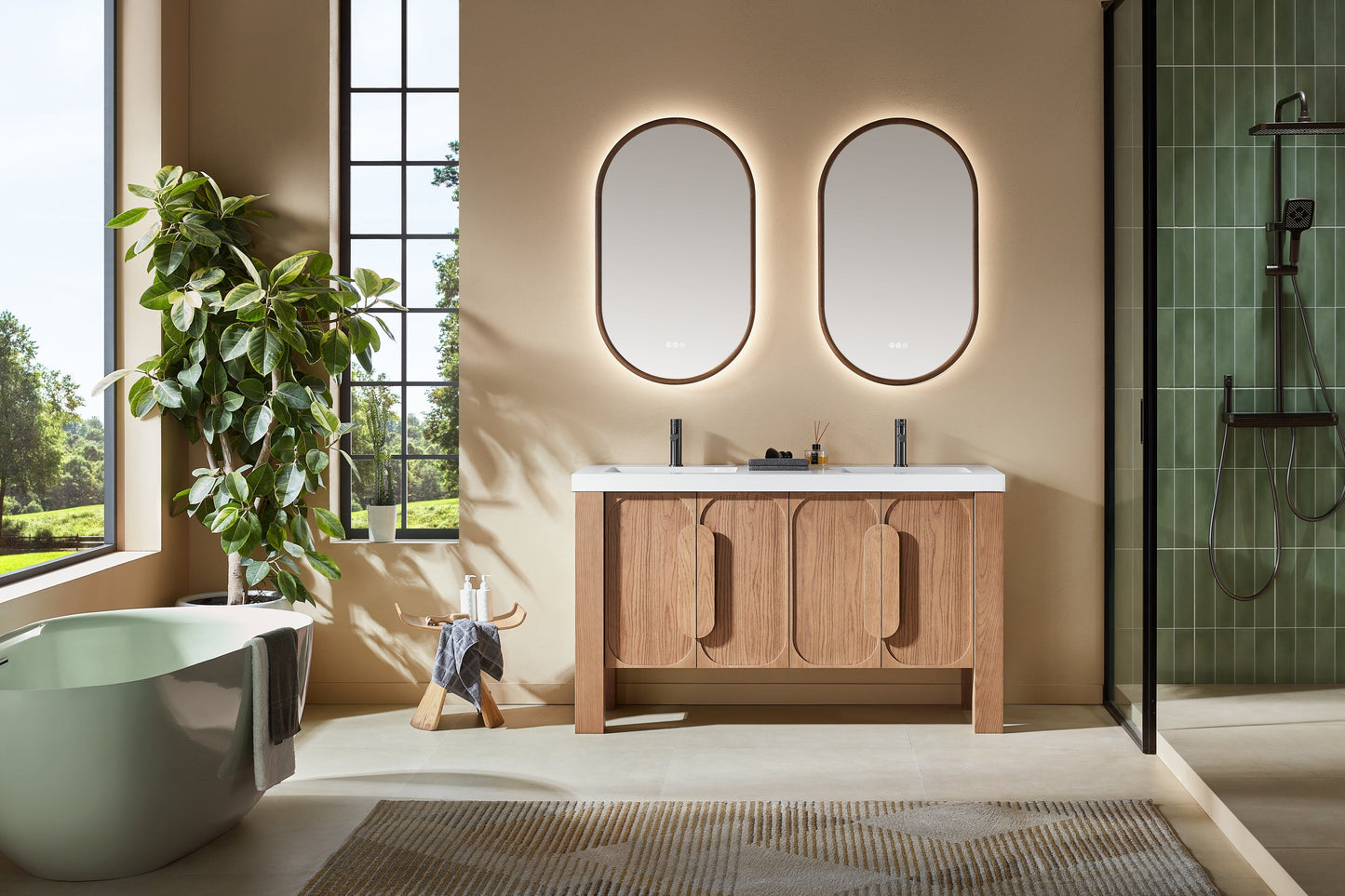 Munich 60 inch double freestanding bathroom vanity in Natural Teak with quartz top