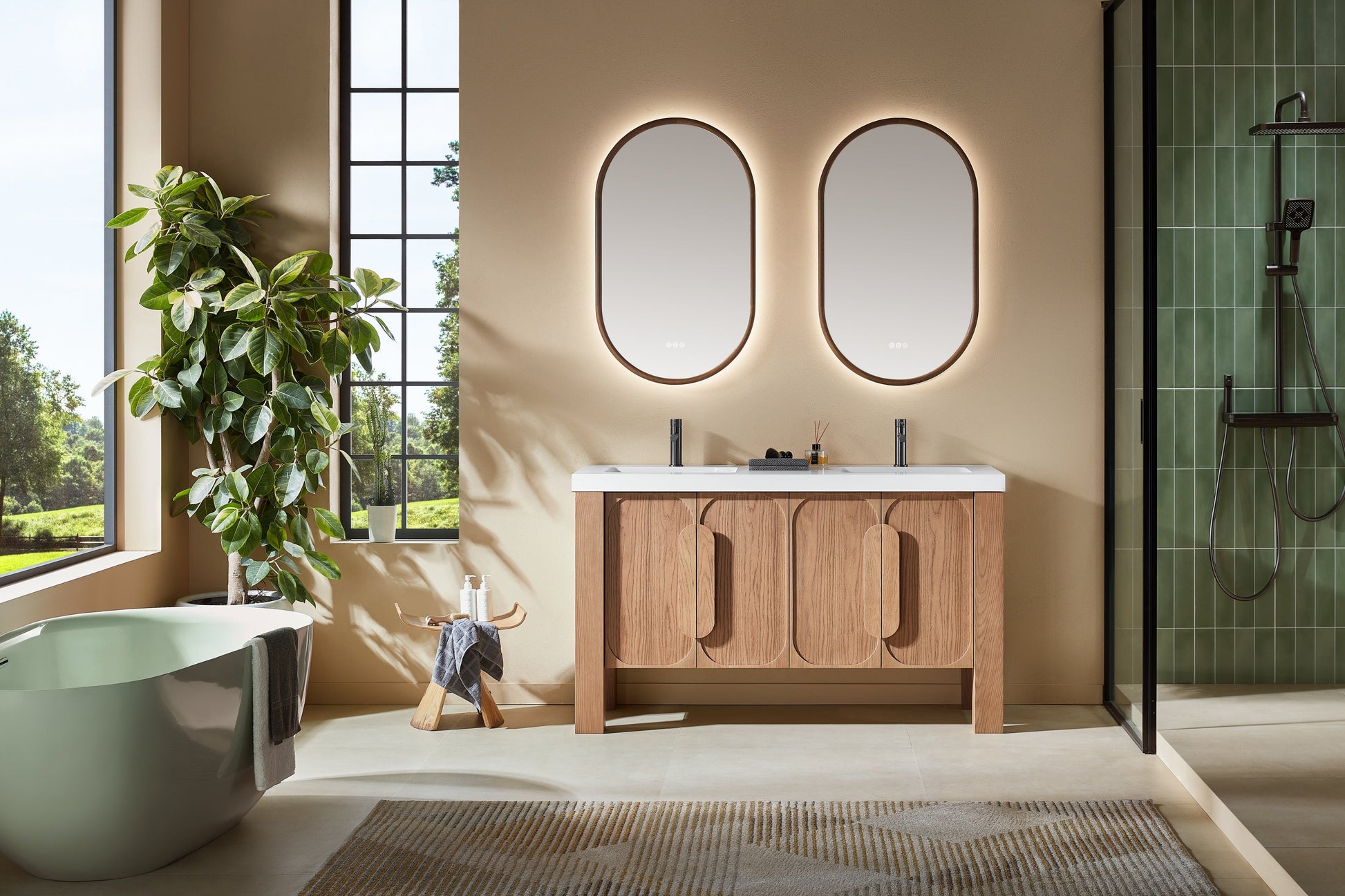 Munich 60 inch double freestanding bathroom vanity in Natural Teak with quartz top