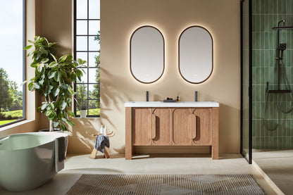Munich 60 inch double freestanding bathroom vanity in Natural Teak with quartz top