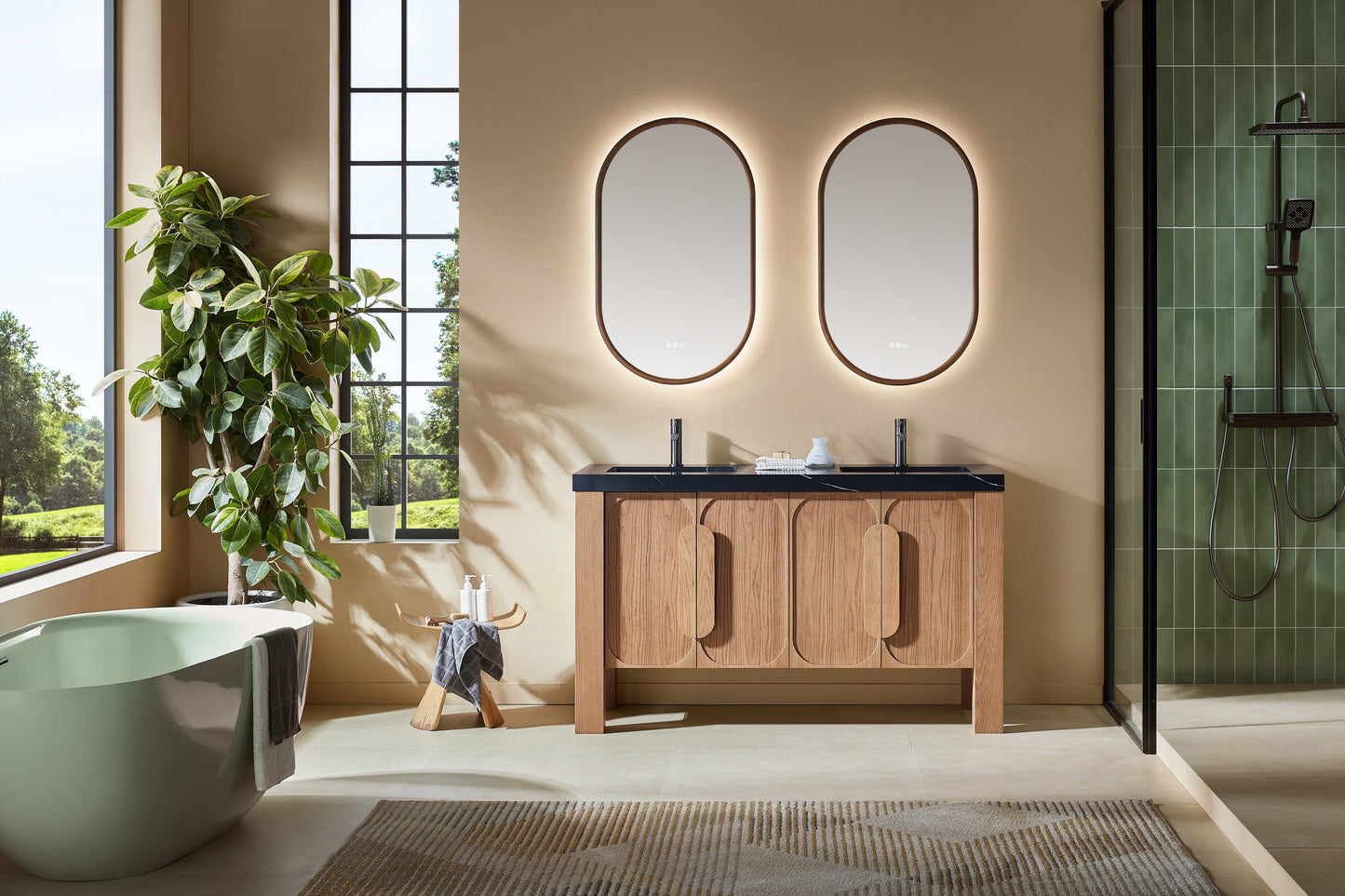 Munich 60 inch double freestanding bathroom vanity in Natural Teak with Black Marquina quartz top