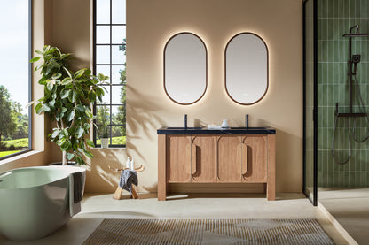 Munich 60 inch double freestanding bathroom vanity in Natural Teak with Black Marquina quartz top