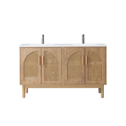 Nara 60" Freestanding Bathroom Vanity with Pure White Quartz Top and Ceramic Undermount Sinks