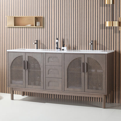 Nara 72" Freestanding Bathroom Vanity with Pure White Quartz Top and Ceramic Undermount Sinks
