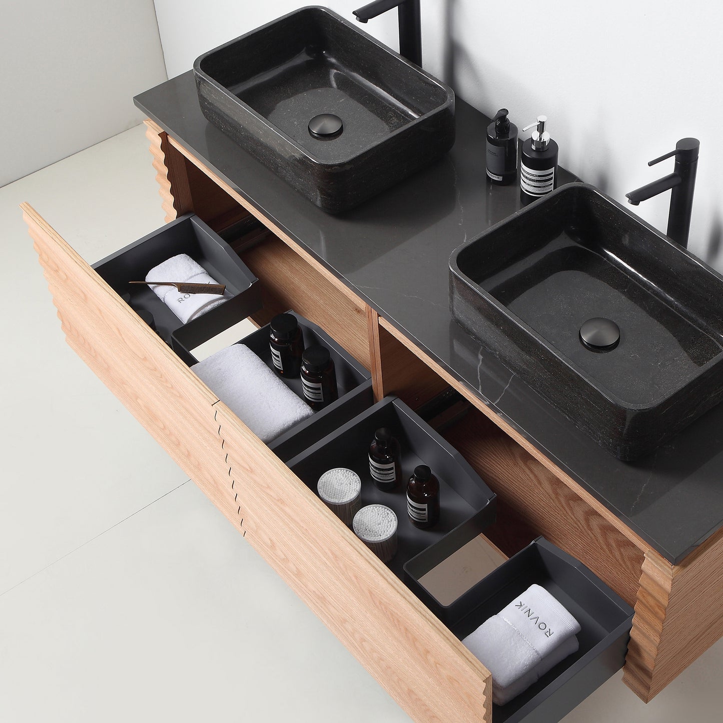 Ocala 60" Wall Mounted Bathroom Vanity with Black Forest Quartz Top and Natural Stone Vessel Sink