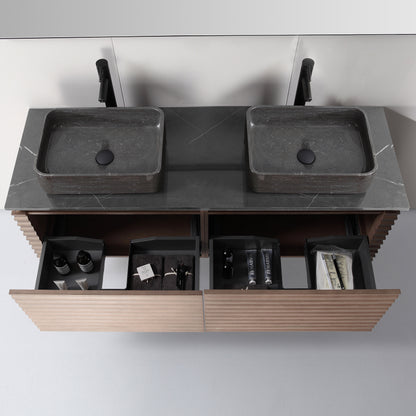Ocala 60" Wall Mounted Bathroom Vanity with Black Forest Quartz Top and Natural Stone Vessel Sink