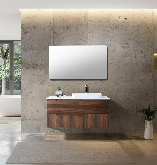 Orsa 48" walnut wall mounted bathroom vanity with pure white quartz top and drop-in sink