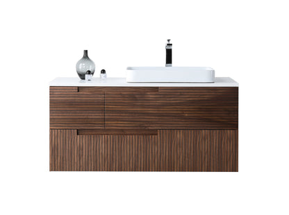 Orsa 48" walnut wall mounted vanity cabinet, drawer front detail