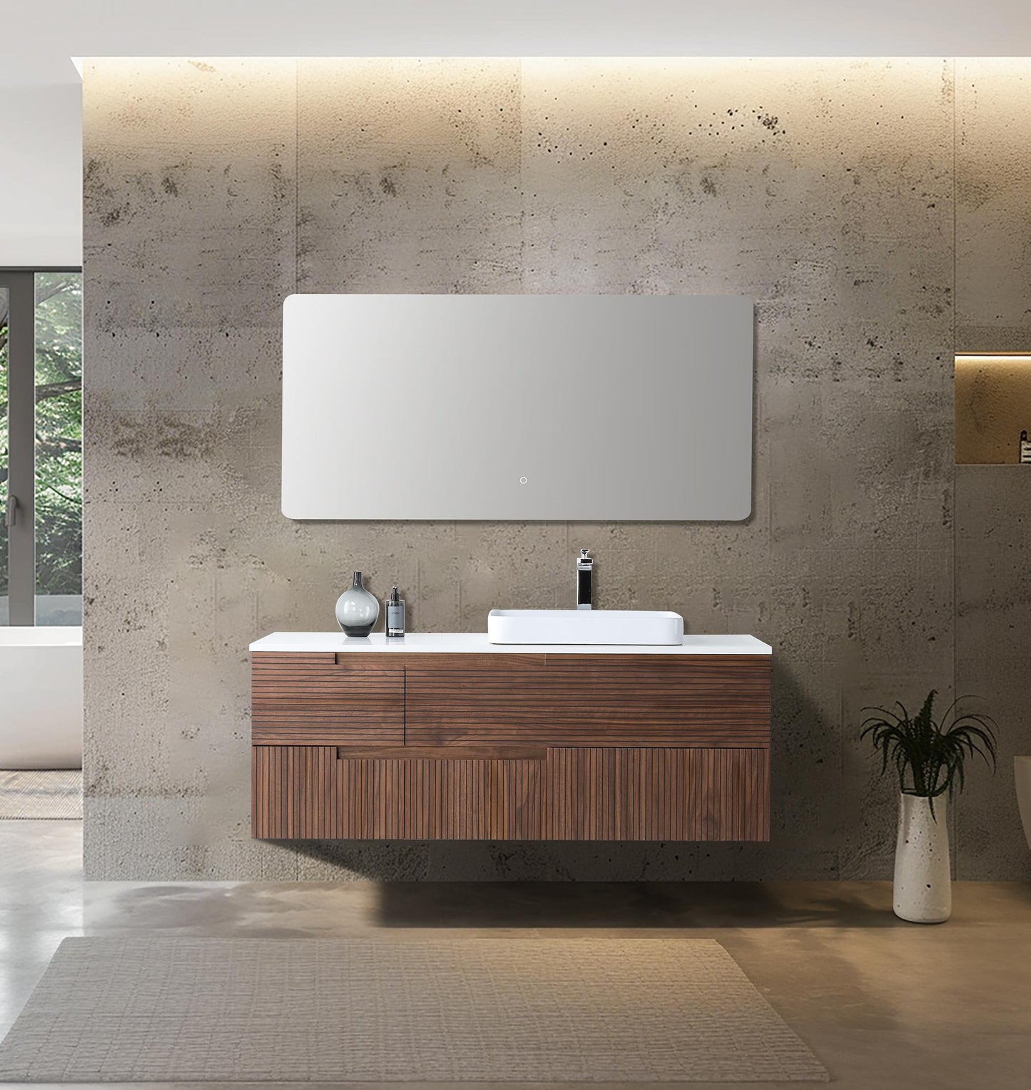 Orsa 60" walnut wall mounted bathroom vanity with pure white quartz top and drop-in sink