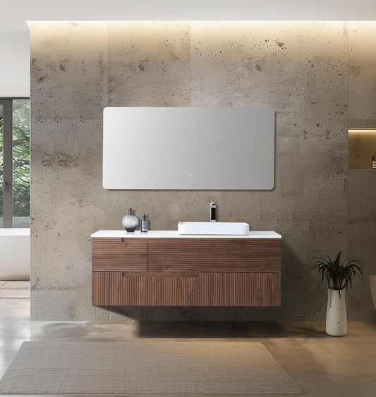 Orsa 60" walnut wall mounted bathroom vanity with pure white quartz top and drop-in sink