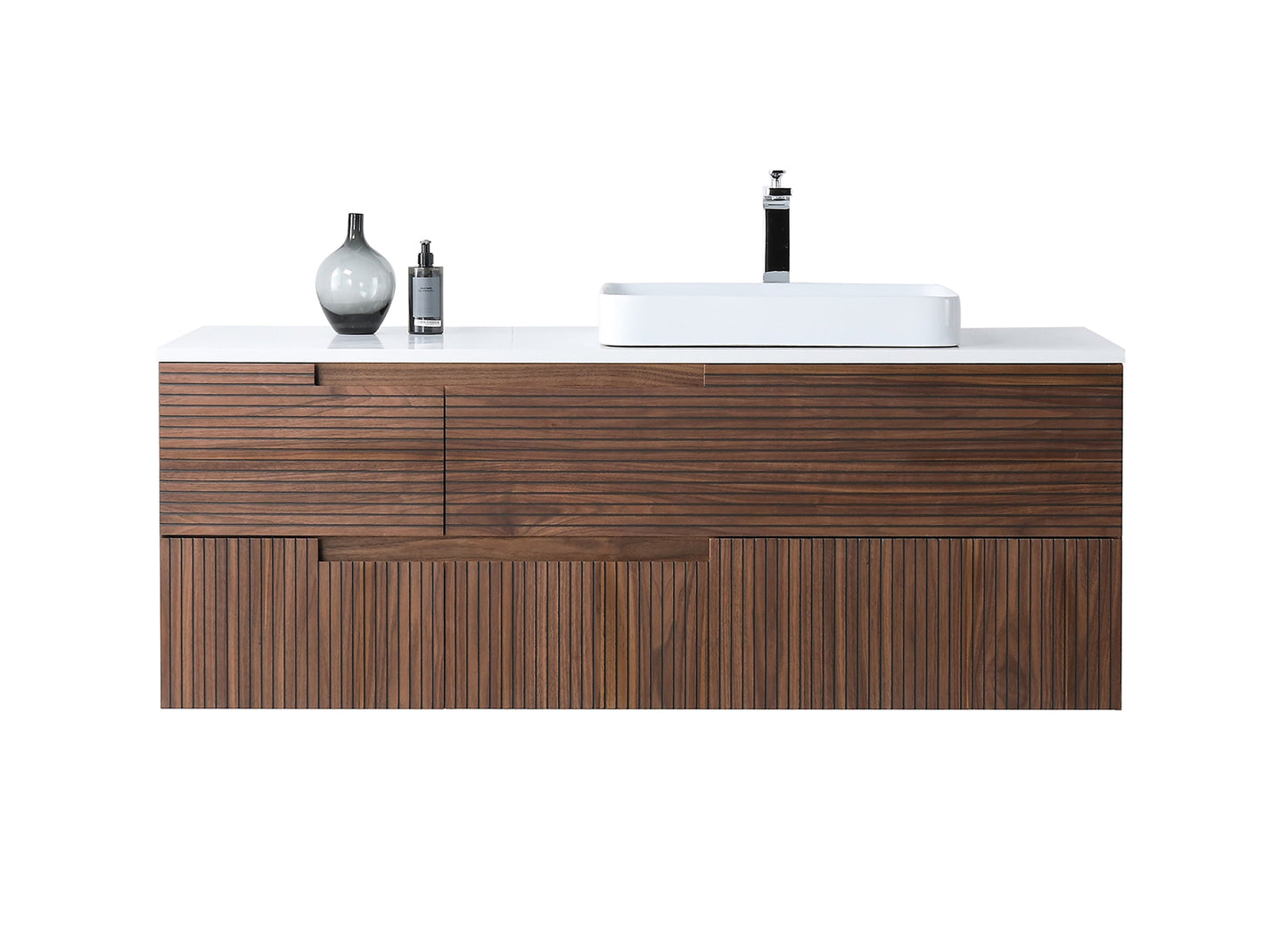 Orsa 60" walnut wall mounted vanity cabinet, drawer front detail