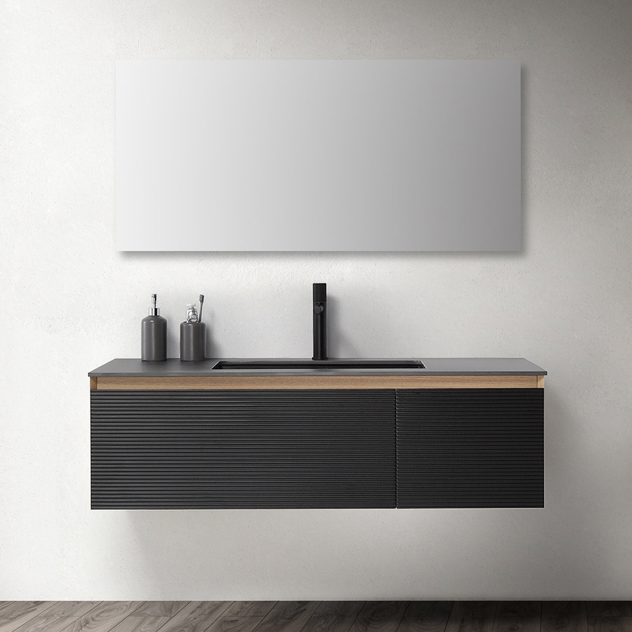 Oslo 48" Wall Mounted Bathroom Vanity with Black Sintered Stone Top and Premium Grade ATH Matte Black Solid Surface Undermount Sink