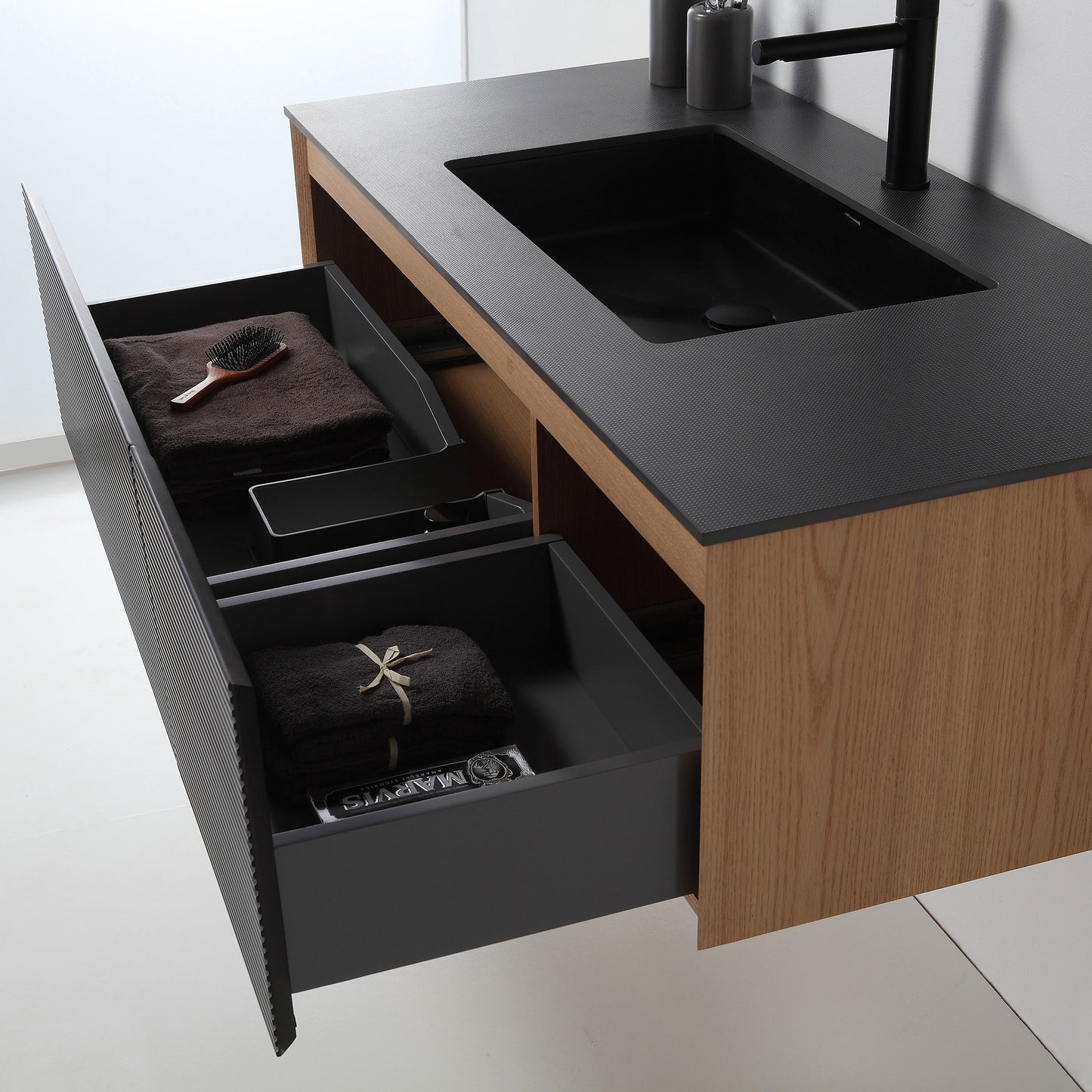 Oslo 48" Wall Mounted Bathroom Vanity with Black Sintered Stone Top and Premium Grade ATH Matte Black Solid Surface Undermount Sink