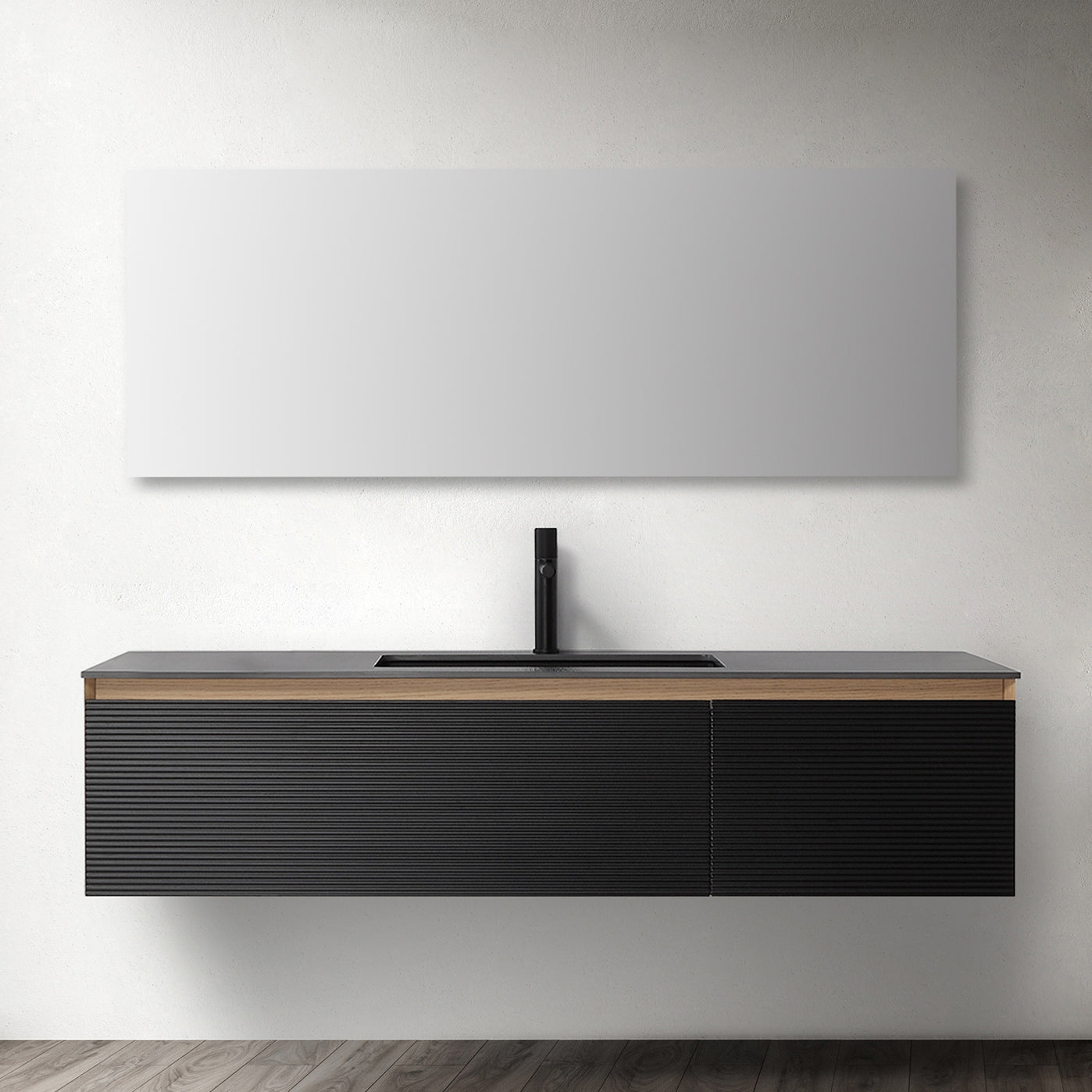 Oslo 60" Wall Mounted Bathroom Vanity with Black Sintered Stone Top and Premium Grade ATH Matte Black Solid Surface Undermount Sinks