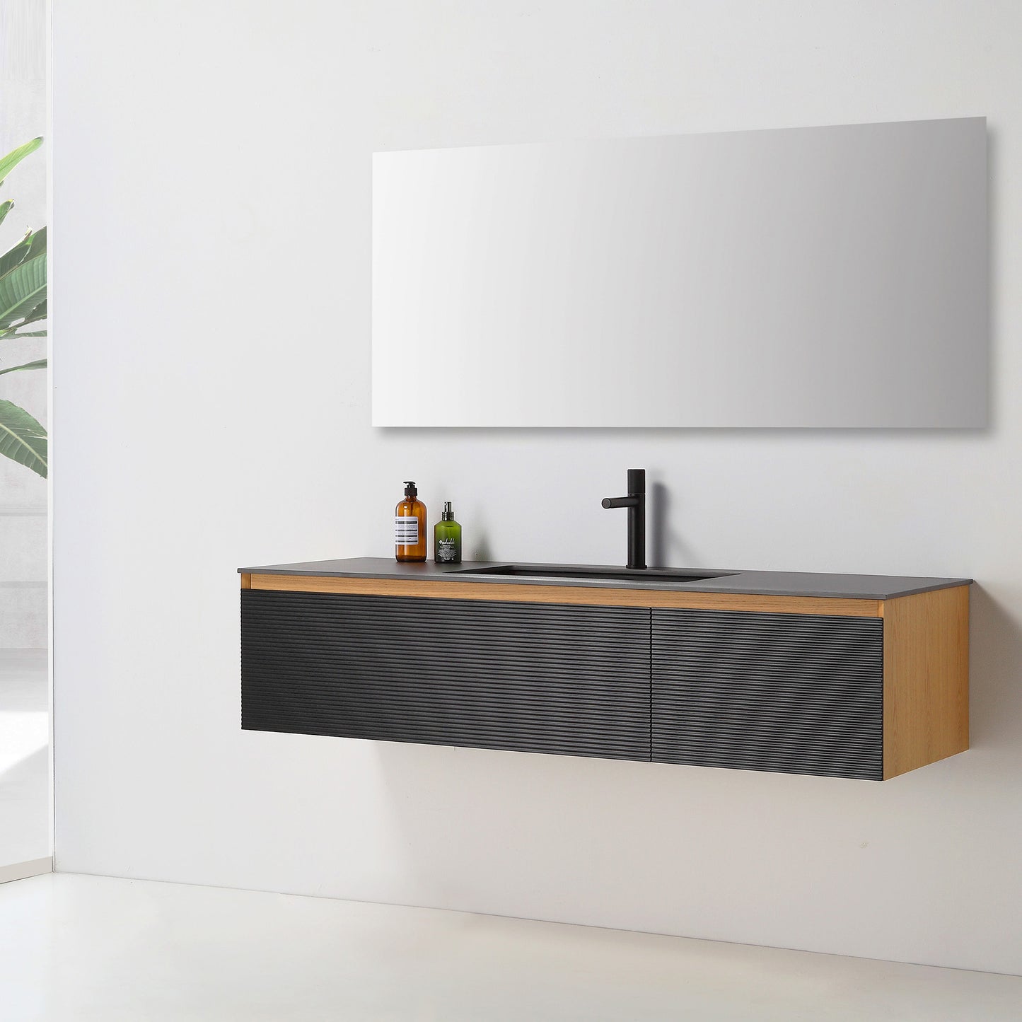 Oslo 60" Wall Mounted Bathroom Vanity with Black Sintered Stone Top and Premium Grade ATH Matte Black Solid Surface Undermount Sinks
