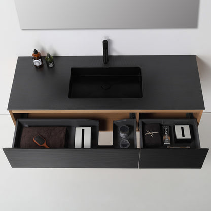 Oslo 60" Wall Mounted Bathroom Vanity with Black Sintered Stone Top and Premium Grade ATH Matte Black Solid Surface Undermount Sinks