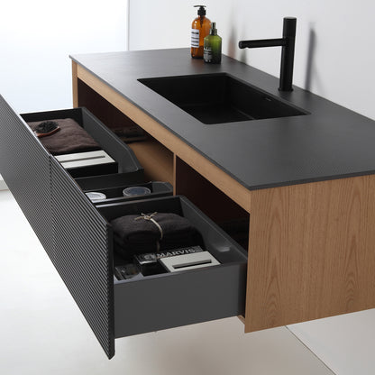 Oslo 60" Wall Mounted Bathroom Vanity with Black Sintered Stone Top and Premium Grade ATH Matte Black Solid Surface Undermount Sinks