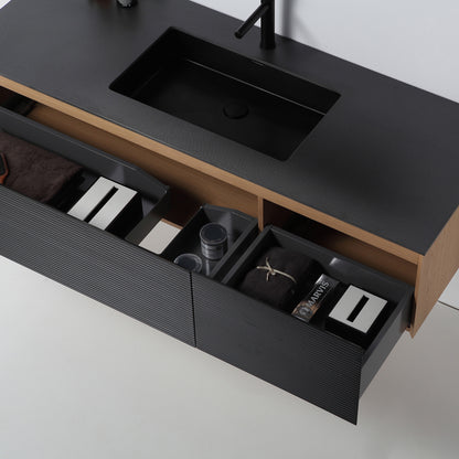 Oslo 60" Wall Mounted Bathroom Vanity with Black Sintered Stone Top and Premium Grade ATH Matte Black Solid Surface Undermount Sinks