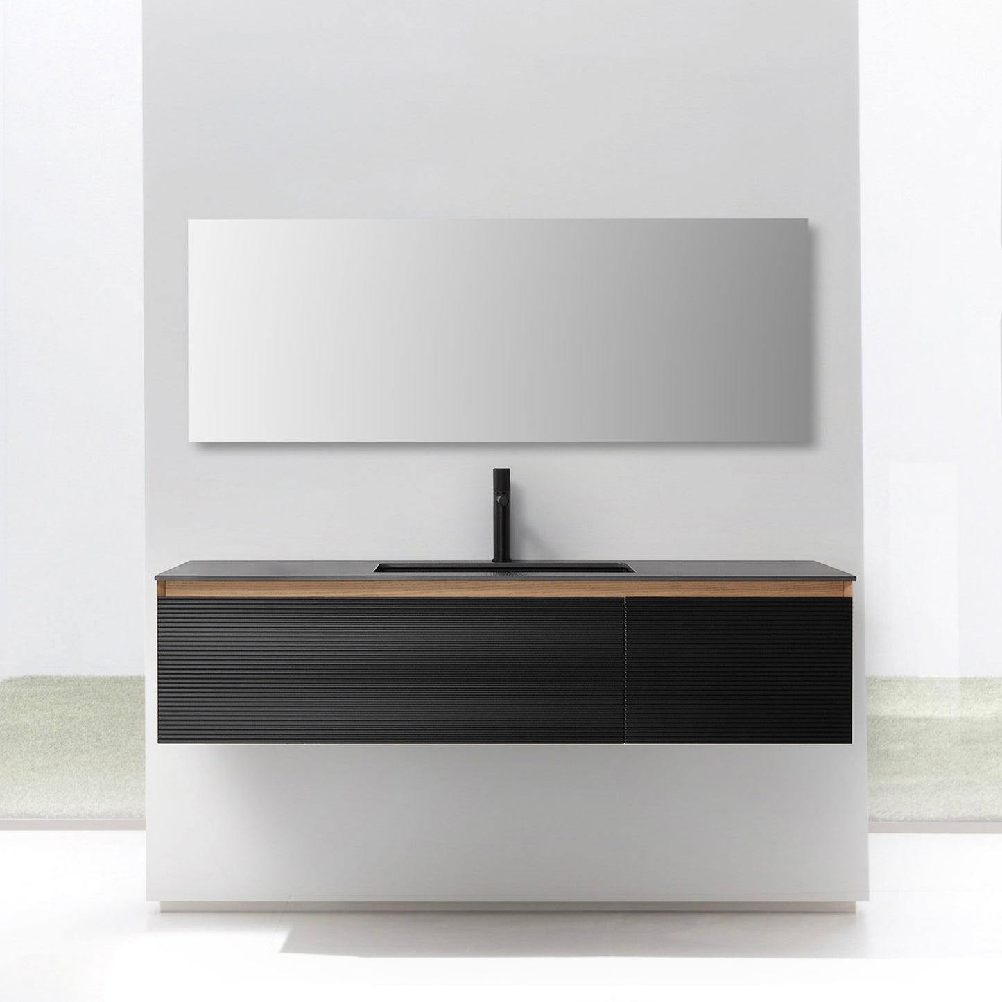 Oslo 60" Wall Mounted Bathroom Vanity with Black Sintered Stone Top and Premium Grade ATH Matte Black Solid Surface Undermount Sinks