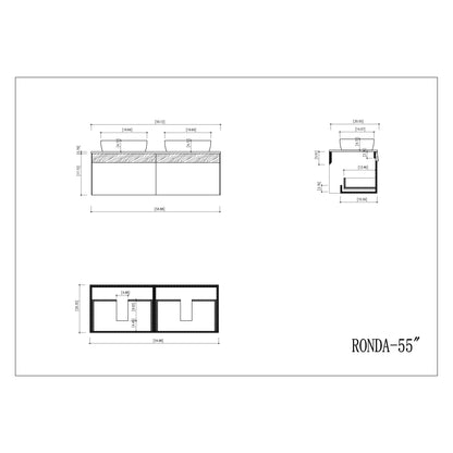 Ronda 55" Wall Mounted Bathroom Vanity with Pure White Quartz Top and Ceramic Vessel Sinks