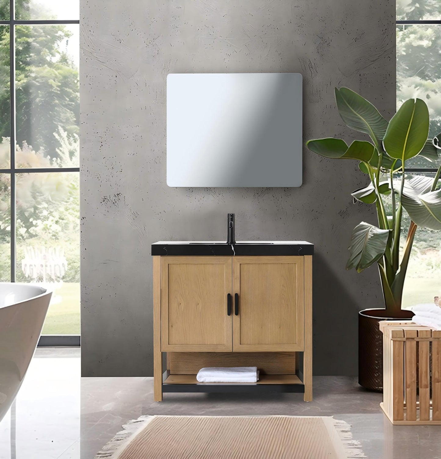 Bathroom Vanity, Pecan Oak, Winchester 36 inch, Black Marquina Quartz Top